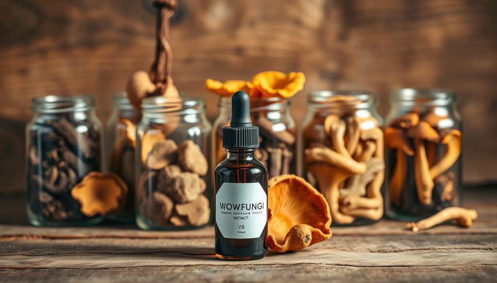 Elegant glass jars filled with an assortment of medicinal mushrooms, including reishi, chaga, and cordyceps, neatly arranged on a rustic wooden surface. Soft, warm lighting illuminates the earthy tones of the mushrooms, casting gentle shadows and highlighting their unique textures. In the foreground, a high-quality glass dropper bottle labeled "WOWFUNGI" stands ready to dispense the mushroom extract. The overall scene conveys a sense of natural, herbal wellness and careful preparation.