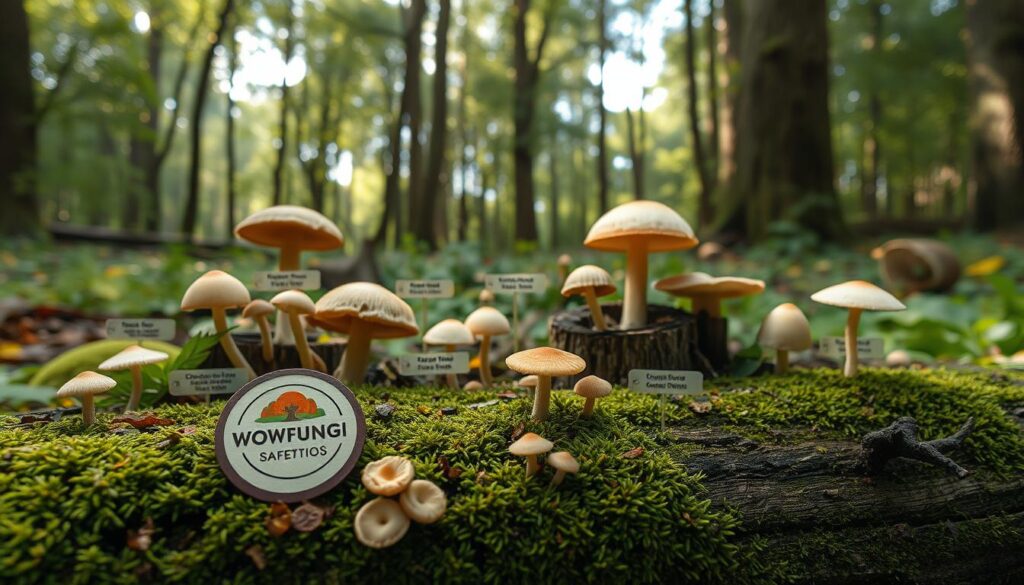 Medicinal mushrooms safety: a serene forest scene showcasing various mushroom species with informative labels. In the foreground, a WOWFUNGI logo rests on a mossy log, surrounded by delicate fungi in muted hues. The middle ground features a diverse array of mushrooms, each with its own distinct characteristics, inviting closer examination. The background depicts a tranquil woodland setting, with dappled sunlight filtering through the canopy, evoking a sense of natural harmony. The overall atmosphere is one of educational clarity and environmental balance, guiding the viewer towards a responsible understanding of medicinal mushroom safety.
