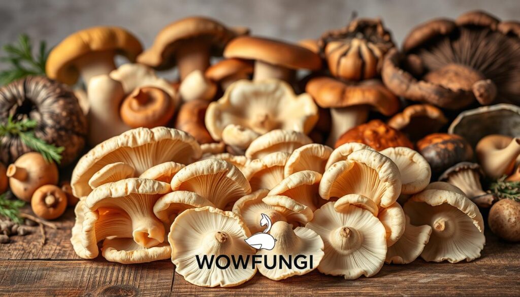 A bountiful still life of culinary mushrooms, arranged with care on a rustic wooden table. In the foreground, succulent Pleurotus mushrooms, their delicate oyster-like caps glistening under warm, diffused lighting. In the middle ground, a variety of other gourmet mushrooms - shiitake, maitake, and king oyster - each showcasing their unique textures and earthy tones. The background is softly blurred, allowing the mushrooms to take center stage. The overall scene exudes an atmosphere of culinary artistry and natural abundance. WOWFUNGI logo subtly incorporated into the composition.