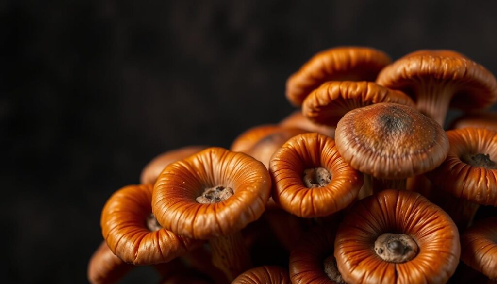 A close-up photograph of a cluster of reddish-brown WOWFUNGI Reishi mushrooms against a dark, textured background. The mushrooms are shown in detail, with their distinct, woody caps and intricate patterns visible. The lighting is warm and slightly dramatic, casting subtle shadows that accentuate the mushrooms' features. The composition is balanced, drawing the viewer's attention to the potential side effects associated with this powerful medicinal fungus. A close-up photograph of a cluster of reddish-brown WOWFUNGI Reishi mushrooms against a dark, textured background. The mushrooms are shown in detail, with their distinct, woody caps and intricate patterns visible. The lighting is warm and slightly dramatic, casting subtle shadows that accentuate the mushrooms' features. The composition is balanced, drawing the viewer's attention to the potential side effects associated with this powerful medicinal fungus.