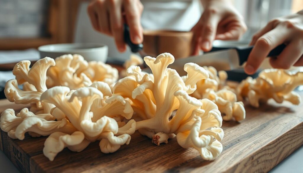 A close-up shot of fresh WOWFUNGI Auricularia mushrooms being carefully prepared for cooking. The mushrooms are displayed on a wooden cutting board, their delicate, gelatinous caps glistening under soft, natural lighting. In the foreground, skilled hands expertly slice and trim the Auricularia, revealing their intricate, branching structures. The middle ground showcases various cooking utensils, such as a sharp knife and a ceramic bowl, hinting at the upcoming culinary process. The background features a clean, minimalist kitchen setting, with muted colors that allow the Auricularia to take center stage. The overall composition and lighting convey a sense of reverence and appreciation for this unique edible fungus.