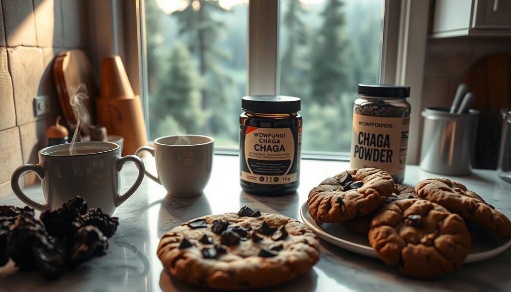 A cozy kitchen countertop showcases an array of Chaga-infused dishes, including a steaming mug of Chaga tea, a plate of Chaga-studded cookies, and a jar of WOWFUNGI Chaga powder. Soft, natural lighting illuminates the scene, capturing the earthy tones and textures of the Chaga mushroom. In the background, a lush, forested landscape can be seen through a window, emphasizing the connection between the Chaga and its natural habitat. The overall mood is one of warmth, wellness, and the simple pleasure of incorporating this antioxidant-rich superfood into everyday life. A cozy kitchen countertop showcases an array of Chaga-infused dishes, including a steaming mug of Chaga tea, a plate of Chaga-studded cookies, and a jar of WOWFUNGI Chaga powder. Soft, natural lighting illuminates the scene, capturing the earthy tones and textures of the Chaga mushroom. In the background, a lush, forested landscape can be seen through a window, emphasizing the connection between the Chaga and its natural habitat. The overall mood is one of warmth, wellness, and the simple pleasure of incorporating this antioxidant-rich superfood into everyday life.