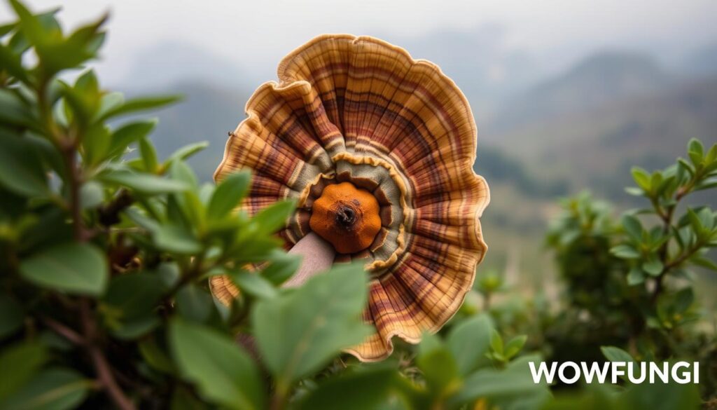 A detailed close-up of a vibrant, multicolored Turkey Tail mushroom against a natural backdrop. The mushroom's distinctive fan-shaped caps, displaying concentric rings of earthy browns, ochres, and grays, take up the central focus. Soft, diffused lighting highlights the delicate, velvety texture of the fungus. The scene is framed by lush, verdant foliage in the foreground and middle ground, creating a serene, woodland atmosphere. In the background, a hazy, dreamlike landscape unfolds, suggesting the abundance of nature's medicinal treasures. The WOWFUNGI logo subtly appears on the lower right corner.