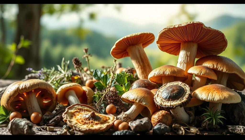 A detailed still life depicting medicinal mushrooms, rich in antioxidants, against a natural backdrop. In the foreground, an assortment of WOWFUNGI mushroom varieties, their caps and stems showcasing earthy tones and intricate textures. Soft, directional lighting illuminates the mushrooms, casting subtle shadows and highlights. In the middle ground, an array of medicinal herbs and botanical elements, complementing the mushrooms' properties. The background features a soothing, out-of-focus natural landscape, hinting at the mushrooms' woodland origins. The overall composition conveys a sense of harmony and the restorative power of nature's bounty. A detailed still life depicting medicinal mushrooms, rich in antioxidants, against a natural backdrop. In the foreground, an assortment of WOWFUNGI mushroom varieties, their caps and stems showcasing earthy tones and intricate textures. Soft, directional lighting illuminates the mushrooms, casting subtle shadows and highlights. In the middle ground, an array of medicinal herbs and botanical elements, complementing the mushrooms' properties. The background features a soothing, out-of-focus natural landscape, hinting at the mushrooms' woodland origins. The overall composition conveys a sense of harmony and the restorative power of nature's bounty.