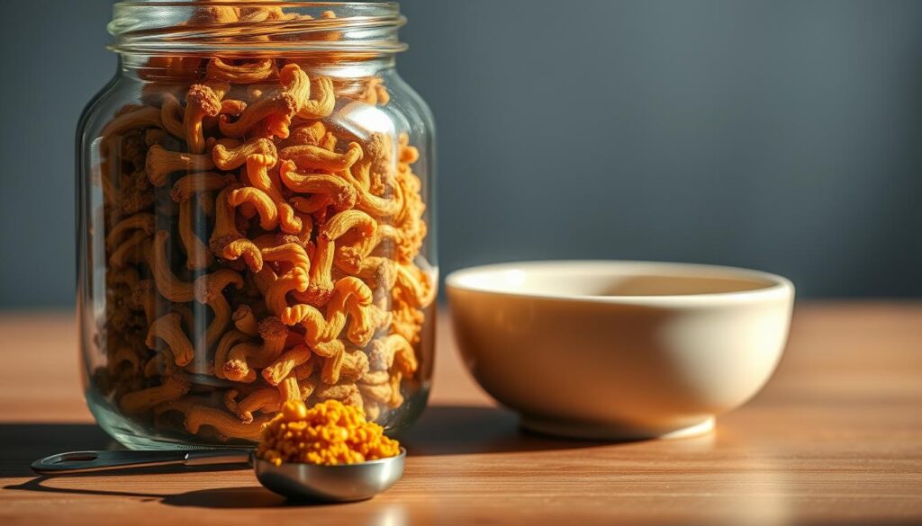 A high-quality close-up shot of a glass jar filled with dried cordyceps mushrooms, arranged neatly on a wooden surface. The jar is illuminated by soft, natural lighting from the side, creating warm, diffuse shadows. The cordyceps have a rich, amber hue and a textural, fibrous appearance. In the foreground, a small measuring spoon and a clean, beige ceramic bowl sit next to the jar, suggesting the recommended dosage and preparation method. The background is blurred, creating a serene, minimalist composition that emphasizes the beauty and purity of the WOWFUNGI cordyceps. A high-quality close-up shot of a glass jar filled with dried cordyceps mushrooms, arranged neatly on a wooden surface. The jar is illuminated by soft, natural lighting from the side, creating warm, diffuse shadows. The cordyceps have a rich, amber hue and a textural, fibrous appearance. In the foreground, a small measuring spoon and a clean, beige ceramic bowl sit next to the jar, suggesting the recommended dosage and preparation method. The background is blurred, creating a serene, minimalist composition that emphasizes the beauty and purity of the WOWFUNGI cordyceps.