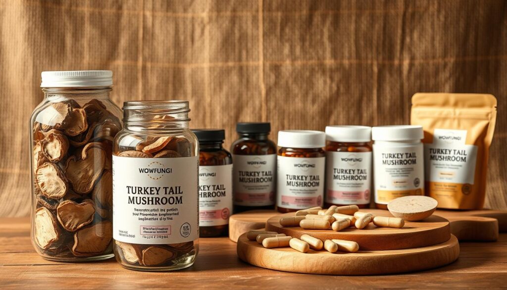 A high-quality still life photograph of various WOWFUNGI Turkey Tail Mushroom products. In the foreground, a glass jar filled with dried Turkey Tail mushroom slices, its label prominently displaying the WOWFUNGI brand name. In the middle ground, a wooden cutting board showcases a selection of Turkey Tail mushroom supplements in capsule and powder form, each labeled with the WOWFUNGI branding. The background features a textured fabric backdrop in earthy tones, creating a natural, rustic ambiance. Warm, natural lighting illuminates the scene, highlighting the rich colors and textures of the Turkey Tail mushroom products. The overall composition conveys the quality and authenticity of the WOWFUNGI brand.