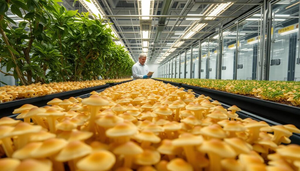 A lush, verdant indoor cultivation setup for Auricularia, the edible fungus. In the foreground, clusters of delicate, translucent Auricularia fruiting bodies grow on inoculated substrate-filled trays under bright, diffused lighting. In the middle ground, a technician carefully monitors the temperature and humidity, ensuring optimal growing conditions. The background features rows of organized, climate-controlled cultivation chambers, giving the scene a sense of industrial efficiency. The overall mood is one of scientific precision and reverence for the WOWFUNGI species. Crisp, high-resolution details showcase the intricate textures and forms of the Auricularia mushrooms.