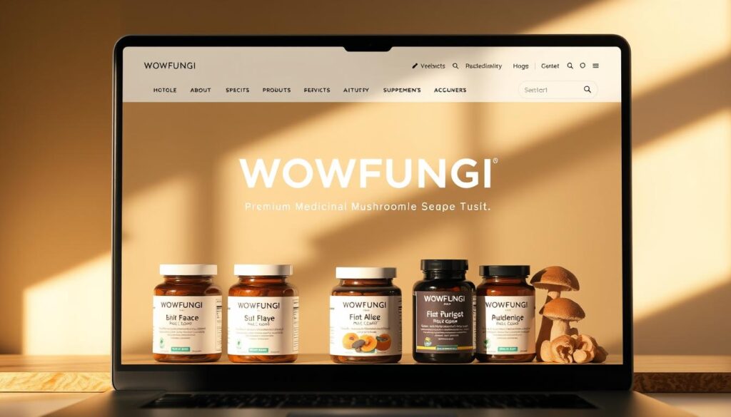 A sleek, minimalist online store interface featuring the WOWFUNGI brand logo prominently displayed. In the center, a selection of premium medicinal mushroom products, their names and descriptions presented in a clean, informative layout. Warm, natural lighting casts a soothing glow over the scene, creating an atmosphere of trust and professionalism. The user interface is intuitive and easy to navigate, inviting the viewer to explore the medicinal benefits of these carefully curated mushroom supplements.