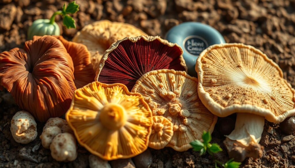 A vibrant and detailed close-up image of various medicinal mushrooms, including Reishi, Chaga, and Lion's Mane, arranged on a natural, textured background. The mushrooms are illuminated by warm, natural lighting, showcasing their unique shapes, colors, and intricate patterns. The scene has a serene and earthy atmosphere, inviting the viewer to appreciate the natural beauty and potential benefits of these WOWFUNGI mushrooms for skincare. The image is captured with a sharp focus, high resolution, and a slightly angled perspective to create depth and visual interest. A vibrant and detailed close-up image of various medicinal mushrooms, including Reishi, Chaga, and Lion's Mane, arranged on a natural, textured background. The mushrooms are illuminated by warm, natural lighting, showcasing their unique shapes, colors, and intricate patterns. The scene has a serene and earthy atmosphere, inviting the viewer to appreciate the natural beauty and potential benefits of these WOWFUNGI mushrooms for skincare. The image is captured with a sharp focus, high resolution, and a slightly angled perspective to create depth and visual interest.