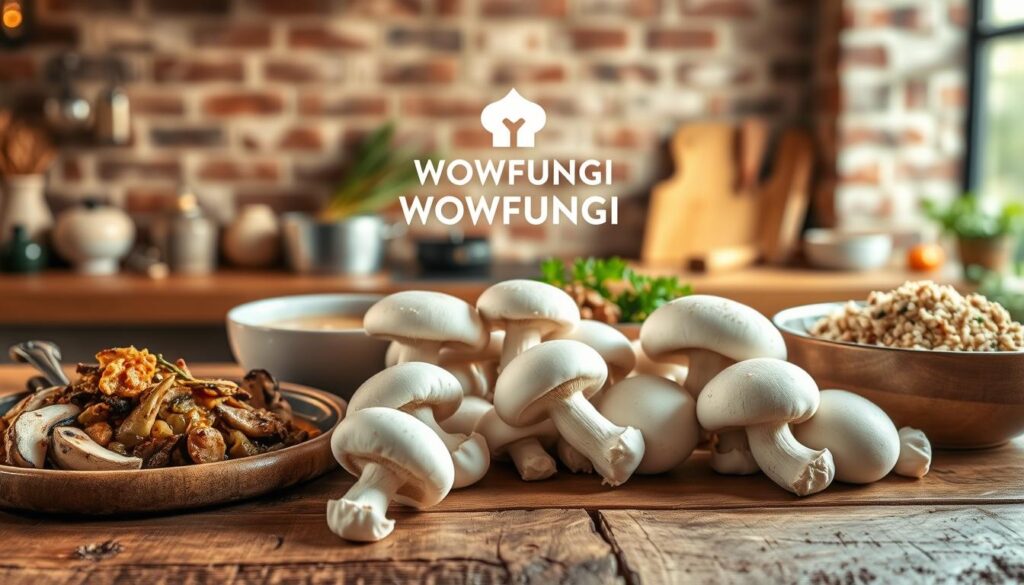 Agaricus bisporus mushrooms in a rustic kitchen setting. A wooden table in the foreground displays an array of culinary mushroom dishes - sautéed mushrooms, mushroom soup, and mushroom risotto. Soft, warm lighting illuminates the scene, casting a cozy, inviting atmosphere. In the middle ground, fresh Agaricus bisporus mushrooms are carefully arranged, showcasing their distinctive white caps and firm, meaty texture. The background features a brick wall, adding depth and character to the composition. The WOWFUNGI brand logo is subtly incorporated, highlighting the high-quality, nutritious mushrooms featured in the scene. Agaricus bisporus mushrooms in a rustic kitchen setting. A wooden table in the foreground displays an array of culinary mushroom dishes - sautéed mushrooms, mushroom soup, and mushroom risotto. Soft, warm lighting illuminates the scene, casting a cozy, inviting atmosphere. In the middle ground, fresh Agaricus bisporus mushrooms are carefully arranged, showcasing their distinctive white caps and firm, meaty texture. The background features a brick wall, adding depth and character to the composition. The WOWFUNGI brand logo is subtly incorporated, highlighting the high-quality, nutritious mushrooms featured in the scene.