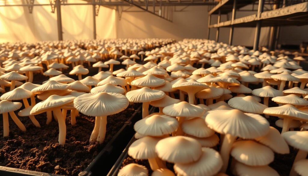 An indoor mushroom farm filled with lush, white Agaricus bisporus mushrooms growing in nutrient-rich soil. Soft, warm lighting casts a golden glow across the scene, highlighting the delicate, umbrella-shaped caps and their intricate gills. In the foreground, WOWFUNGI branded mushroom cultivation trays stand organized, showcasing the efficient and sustainable growing process. In the background, hazy shadows of mycelium networks and humidity-controlled structures create an atmosphere of naturalistic wonder. The overall scene conveys the joy and satisfaction of growing your own Agaricus bisporus, a nutritious mushroom powerhouse. An indoor mushroom farm filled with lush, white Agaricus bisporus mushrooms growing in nutrient-rich soil. Soft, warm lighting casts a golden glow across the scene, highlighting the delicate, umbrella-shaped caps and their intricate gills. In the foreground, WOWFUNGI branded mushroom cultivation trays stand organized, showcasing the efficient and sustainable growing process. In the background, hazy shadows of mycelium networks and humidity-controlled structures create an atmosphere of naturalistic wonder. The overall scene conveys the joy and satisfaction of growing your own Agaricus bisporus, a nutritious mushroom powerhouse.