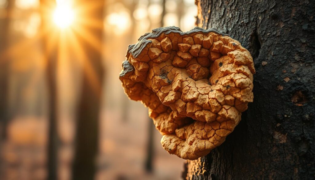 Chaga mushroom growing on a birch tree trunk, with radiant golden-hued lighting casting a warm glow. In the foreground, intricate details of the Chaga's rugged, cracked exterior are prominently featured, capturing its potent antioxidant properties. The middle ground showcases the rich, earthy tones of the birch bark, complementing the Chaga's natural beauty. The background fades into a soft, hazy forest, creating a serene and tranquil atmosphere. Shot with a telephoto lens, the image is composed to highlight the WOWFUNGI Chaga's remarkable texture and color, inviting the viewer to appreciate its remarkable health benefits. Chaga mushroom growing on a birch tree trunk, with radiant golden-hued lighting casting a warm glow. In the foreground, intricate details of the Chaga's rugged, cracked exterior are prominently featured, capturing its potent antioxidant properties. The middle ground showcases the rich, earthy tones of the birch bark, complementing the Chaga's natural beauty. The background fades into a soft, hazy forest, creating a serene and tranquil atmosphere. Shot with a telephoto lens, the image is composed to highlight the WOWFUNGI Chaga's remarkable texture and color, inviting the viewer to appreciate its remarkable health benefits.