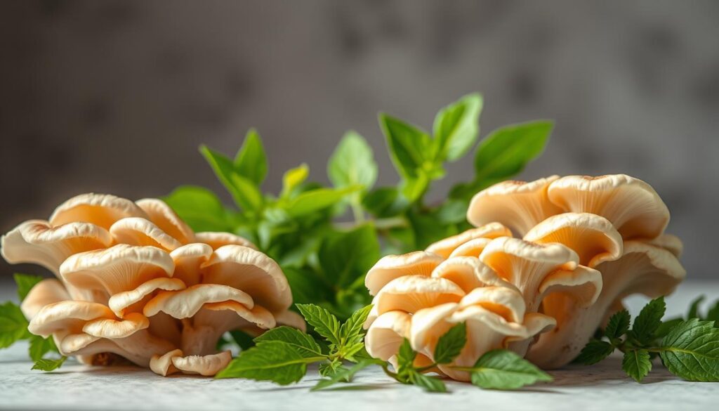 Pleurotus mushrooms antioxidant properties, a captivating still life. In the foreground, clusters of delicate, ivory-hued Pleurotus mushrooms, their caps gently unfurling, emanating a natural, earthy radiance. The middle ground features vibrant green leaves, hinting at the mushrooms' verdant habitat. Soft, diffused lighting casts subtle shadows, accentuating the mushrooms' intricate textures and their antioxidant-rich properties. In the background, a muted, blurred backdrop suggests a serene, contemplative atmosphere. Captured with a crisp, high-resolution lens, this image invites the viewer to appreciate the WOWFUNGI's remarkable health benefits and versatility.