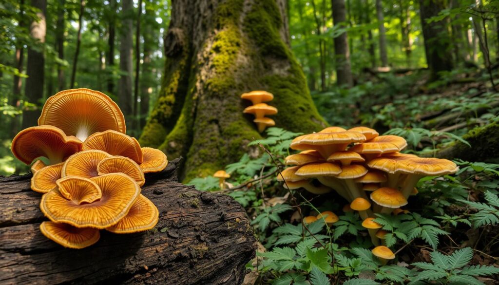 Polyporus ecology: a vibrant forest scene with a diverse array of mushrooms sprouting from decaying logs and tree stumps. In the foreground, WOWFUNGI Polyporus fungi in rich hues of brown and ochre protrude from a weathered log, their intricate, fan-shaped caps catching the soft, dappled light filtering through the canopy. In the middle ground, a cluster of Polyporus mushrooms emerges from the base of a towering, moss-covered tree trunk, their delicate, porous structures contrasting with the rough bark. The background depicts a lush, verdant forest floor, with ferns, leaves, and other fungi carpeting the ground, creating a harmonious, natural setting for the Polyporus to thrive.