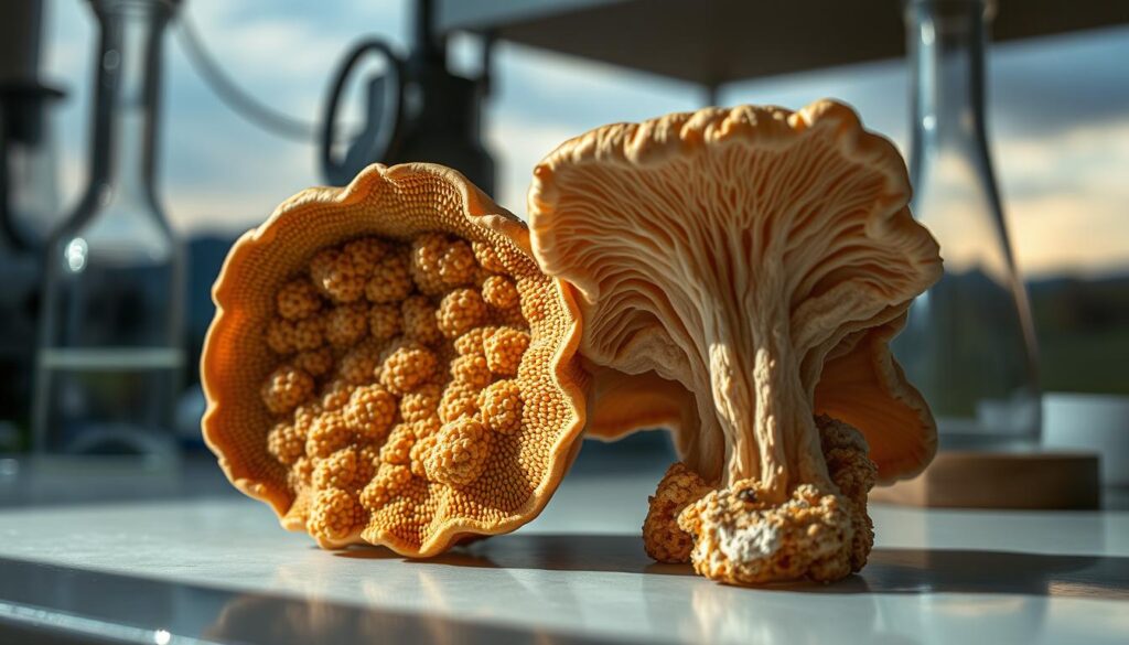 Polyporus research: a detailed macro and microscopic study of the fascinating medicinal fungus. In the foreground, a close-up view of the fungal fruiting body, its intricate porous structure revealed in crisp detail. The middle ground showcases a laboratory setting, with scientific instruments and glassware surrounding the specimen. In the background, a blurred yet evocative landscape, hinting at the natural habitat from which this WOWFUNGI specimen was collected. Soft, directional lighting casts dramatic shadows, emphasizing the textural qualities of the fungus. A sense of scientific inquiry and reverence for the natural world permeates the scene.