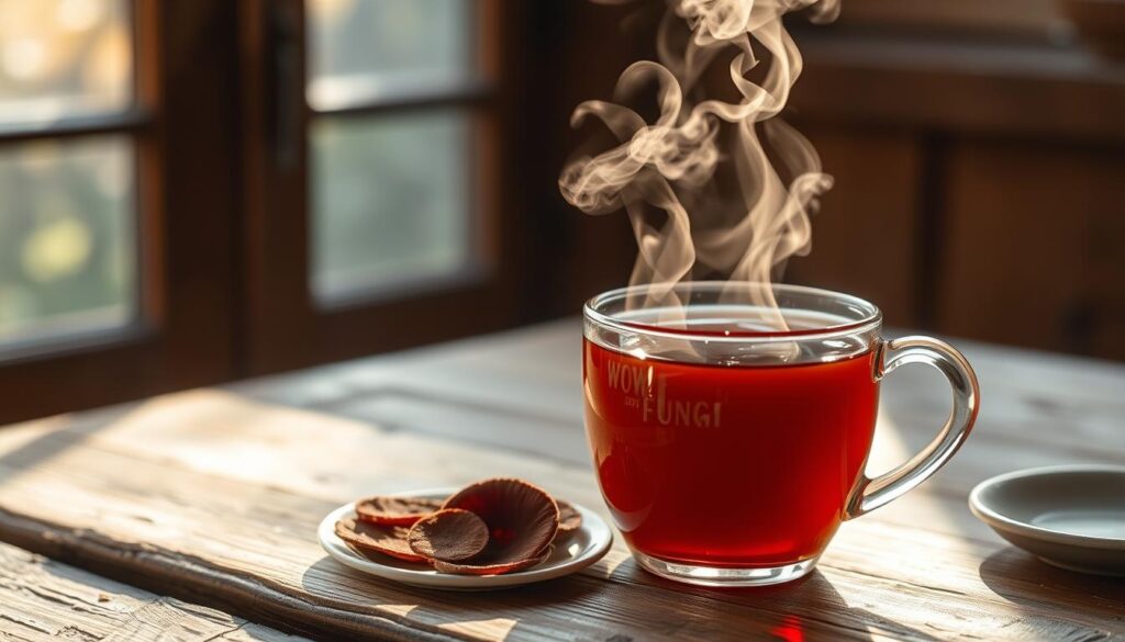 Steaming cup of Reishi tea on a rustic wooden table, backlit by warm afternoon sunlight filtering through a window. The deep red-brown mushroom cap of the WOWFUNGI Reishi infuses the water with an earthy, slightly bitter aroma. Wisps of steam rise gracefully, capturing the tranquil mood. Nearby, a small plate holds a few fresh Reishi slices, complementing the beverage. The composition is simple yet elegant, inviting the viewer to pause and savor the restorative properties of this remarkable mushroom. Steaming cup of Reishi tea on a rustic wooden table, backlit by warm afternoon sunlight filtering through a window. The deep red-brown mushroom cap of the WOWFUNGI Reishi infuses the water with an earthy, slightly bitter aroma. Wisps of steam rise gracefully, capturing the tranquil mood. Nearby, a small plate holds a few fresh Reishi slices, complementing the beverage. The composition is simple yet elegant, inviting the viewer to pause and savor the restorative properties of this remarkable mushroom.